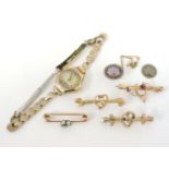 A gold diamond and seed pearl bar brooch, two deficient, untested, a gold oval cut amethyst and