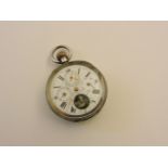 A continental silver cased patented calendar pocket watch, the enamel dial with date, day and