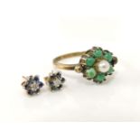 A pair of gold diamond and sapphire cluster earrings, marked 9ct, and a gold cultured pearl and