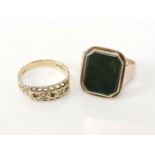 A 9ct gold five stone ruby and split pearl ring, and a bloodstone signet ring, marked 333