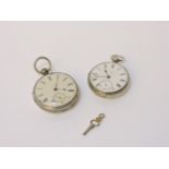 Two silver cased pocket watches, each key wound with subsidiary seconds dial, fusee movements, one