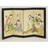 A four-fold low screen, Taisho period (1912-1926), painted with ladies in an interior, 137 x 91cm