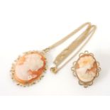 A 9ct gold shell cameo of a bust, on chain and a 9ct gold shell cameo brooch, 12.05g