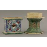 Two 19th century stands, one rectangular and ice-green enamelled with florets, the top with