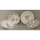 Four 18th century Chinese dishes, one Imari with flowers, one famille verte with a jardinière of