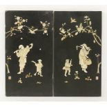 A pair of black-lacquered panels, c.1880, each onlaid with carved bone figures of gardeners with