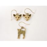 A pair of 9ct gold cat head earrings, and a single 9ct gold cat earring, 7.39g, a gold filigree