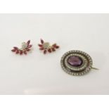A pair of 9ct gold ruby and diamond spray earrings, marked 375, and a purple paste and simulated