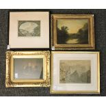 7 various pictures and prints, including 3 drawings, Largest 19.5 x 31cm and a watercolour