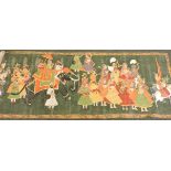 Two large 20th century unframed Indian paintings of figures within a garden, the largest 140cm wide