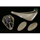 A sterling silver Danish agate brooch, c.1965,by Bent Knudsen, No.7, of elongated triangular form,