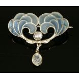 A Jugendstil plique-à-jour enamel and blister pearl brooch, c.1900,by Heinrich Levinger, scrolling