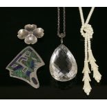 An Art Deco faceted rock crystal briolette pendant,with a wire bale with graduated bead