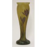 An Art Glass vase,of slender form with mottled glass, painted with crocus, inscribed 'Mado-Nancy',