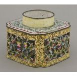 Five famille rose Canton enamel Pieces18th century, comprising:a square openwork inkwell, the four