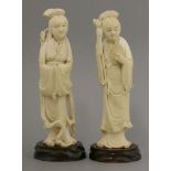 A pair of ivory Maidens Immortal,late 19th century, each standing in a kimono engraved with clouds