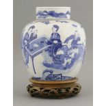 A blue and white Jar and Cover,mid 19th century, painted with ladies at a games table and children
