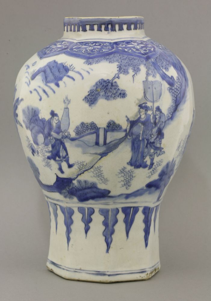 A blue and white Vase,Chongzhen (1628-1644), of hexagonal section and ovoid form, painted with a man