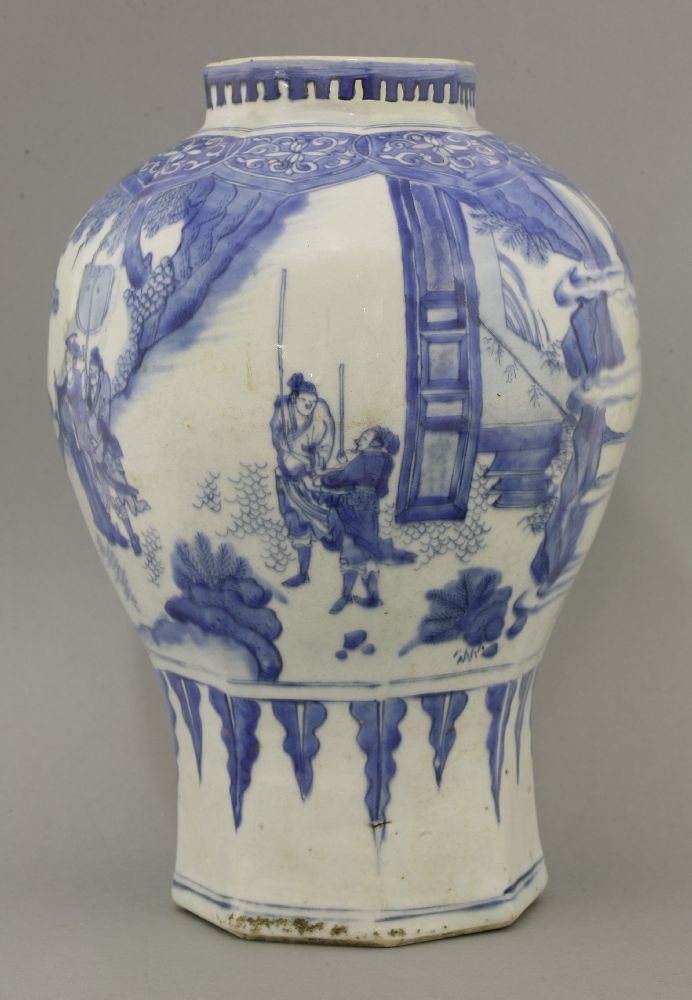 A blue and white Vase,Chongzhen (1628-1644), of hexagonal section and ovoid form, painted with a man - Image 2 of 4