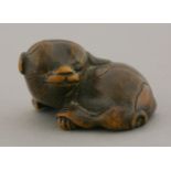 A boxwood netsuke, early 19th century, after Masanao, of a puppy curled around and with crossed