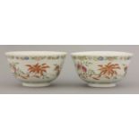 A pair of famille rose Bowls,Daoguang (1821-1850), painted with peaches, bats and leaves between two