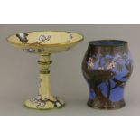 A Chinese cloisonné tazza, c.1920, with blue prunus on a pale yellow ground, 24.8cm, and a