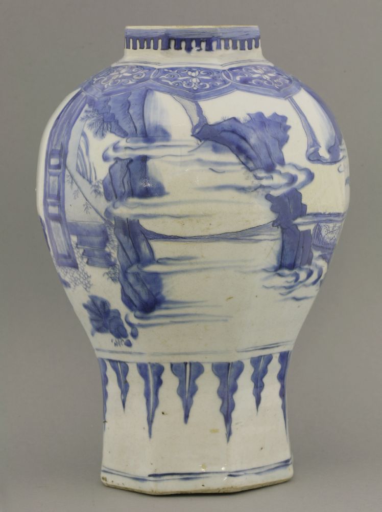A blue and white Vase,Chongzhen (1628-1644), of hexagonal section and ovoid form, painted with a man - Image 3 of 4