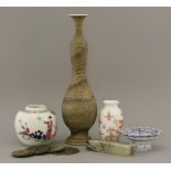A collection of Chinese items, including a double gourd vase, six character Qianlong mark, a vase