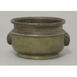 A bronze Censer,19th century, of circular body on circular foot and everted rim, animal mask