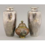 A pair of silver vases, late 19th century, engraved and onlaid with a bird amongst rice sheaves,