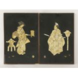 A pair of black lacquer Panels, c.1880, onlaid in carved bone, ivory and mother-of-pearl samurai and