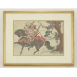A diptych print, of an elaborately armoured samurai on horseback, pursuit by ronin, another