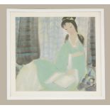 After Lin Fengmian, of a lady in green robe reading, 68.5cm square, and another one with a lady with