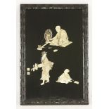 A black-lacquered Panel,c.1880, onlaid with carved figures with ivory and mother-of-pearl of an