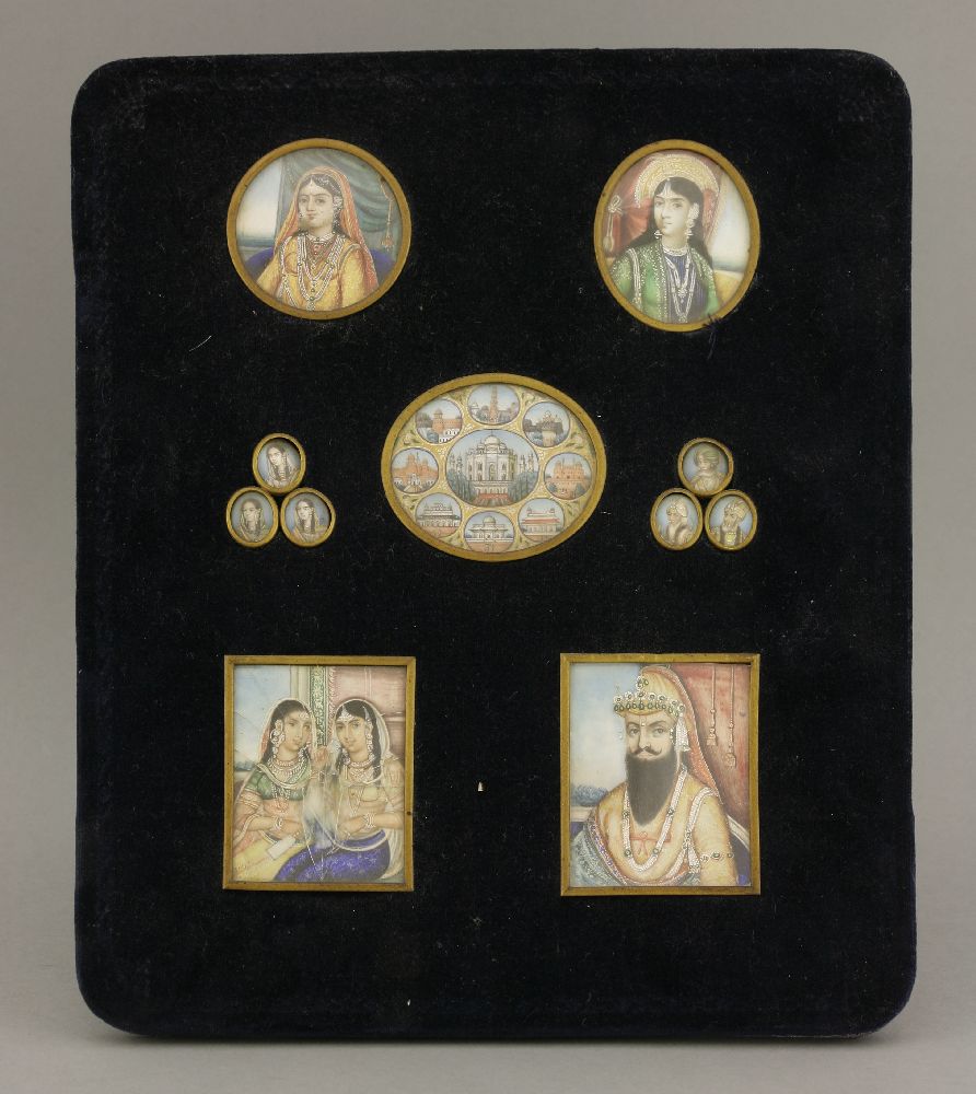 Eleven Indian Miniatures on ivory,mid 19th century, including women in colourful saris and
