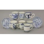 Three blue and white Coffee Cups,c.1760, each painted in underglaze blue with complex ribbons,