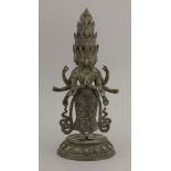 A bronze Bodhisattva, standing on a lotus and beaded throne, wreathed in scarves and wearing
