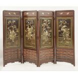 A good four-fold Screen,c.1870, in lacquer and Shibayama, each panel depicting a deity, including