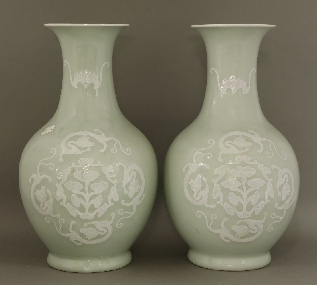 A pair of pale celadon Vases,c.1900, each globular body enamelled with ruyi encircled by four - Image 2 of 3