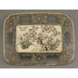 A silver-mounted Shibayama Tray,c.1885, the ivory body inlaid in mother-of-pearl, stained ivory,