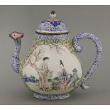 A rare Canton enamel Teapot and Cover,mid-18th century, the pear body painted with lobed panels of