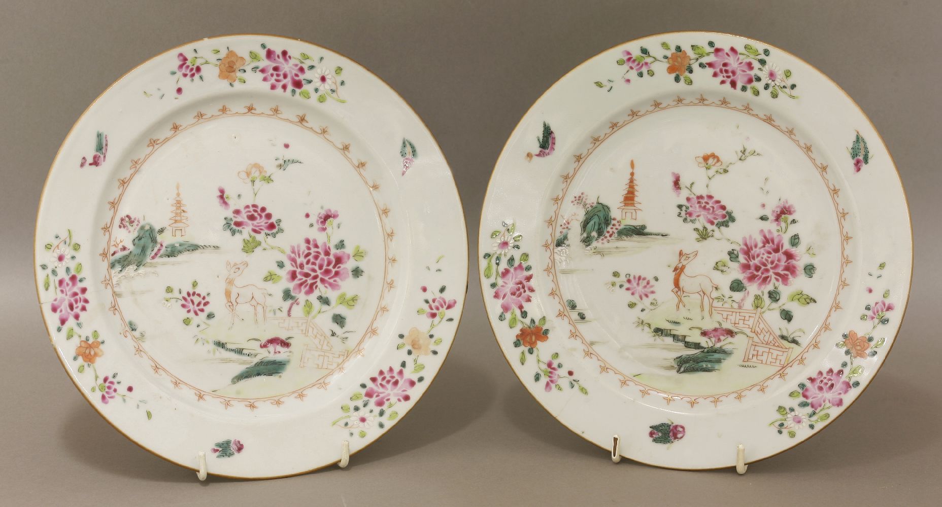 Five various porcelain famille rose Plates,18th century, four with floral design and one with houses - Image 2 of 3