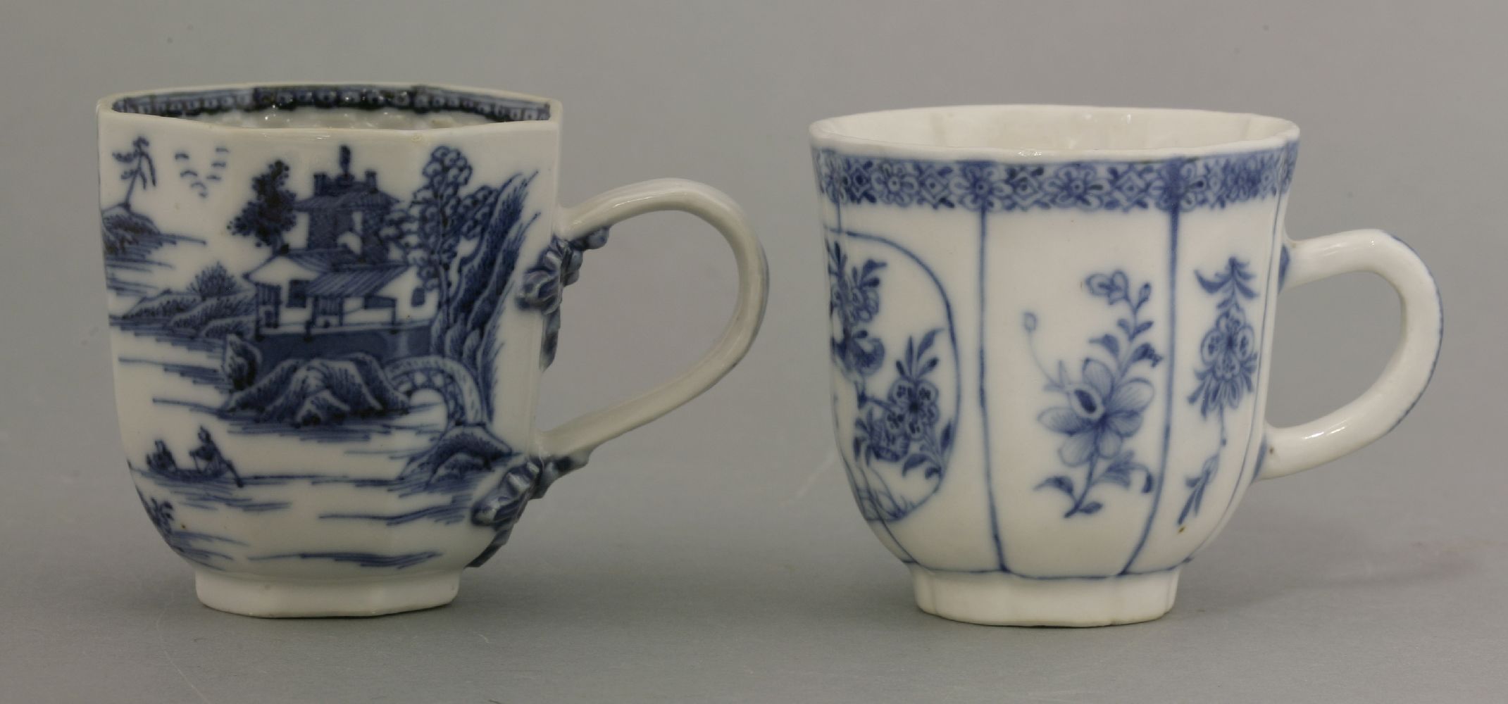 Two rare Coffee Cups,c.1740, one soft paste, lobed and delicately picked out in underglaze blue with