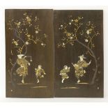 A pair of paulownia wood Panels,Meiji period, onlaid with carved wood, bone, ivory and mother-of-