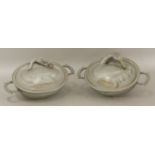 An unusual pair of Chaoyang pewter Tureens, Covers and Liners,20th century, the oval bowls prick-