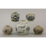 Five small Jarlets,15th-17th century, an attractive vase, painted in a misty underglaze blue on