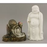 Shoulao, an unusual porcelain model of the seated god holding a peach, fixed wood stand, 13cm