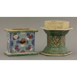 Two stands, 19th century, one rectangular and ice-green enamelled with florets, the top with diaper,