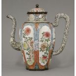 A famille rose Canton enamel six-lobed Wine Pot and Cover,Qianlong (1736-1795), each panel painted