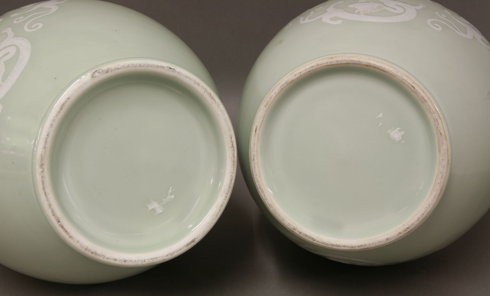 A pair of pale celadon Vases,c.1900, each globular body enamelled with ruyi encircled by four - Image 3 of 3